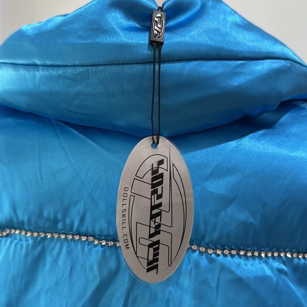 POSTER GIRL Blue Satin Rhinestone Cropped Puffer Snow Bunny Jacket - Picture 5 of 6